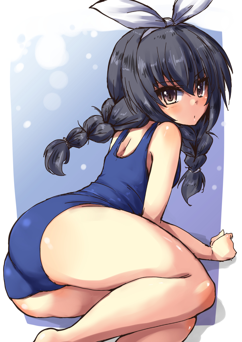 10s 1girl alternate_hairstyle arm_support ass bangs black_hair blue_swimsuit braid brown_eyes from_behind girls_und_panzer hair_ribbon long_hair looking_at_viewer looking_back lying on_side one-piece_swimsuit outside_border parted_lips reizei_mako ribbon school_swimsuit shadow shinshin sketch solo swimsuit twin_braids white_ribbon