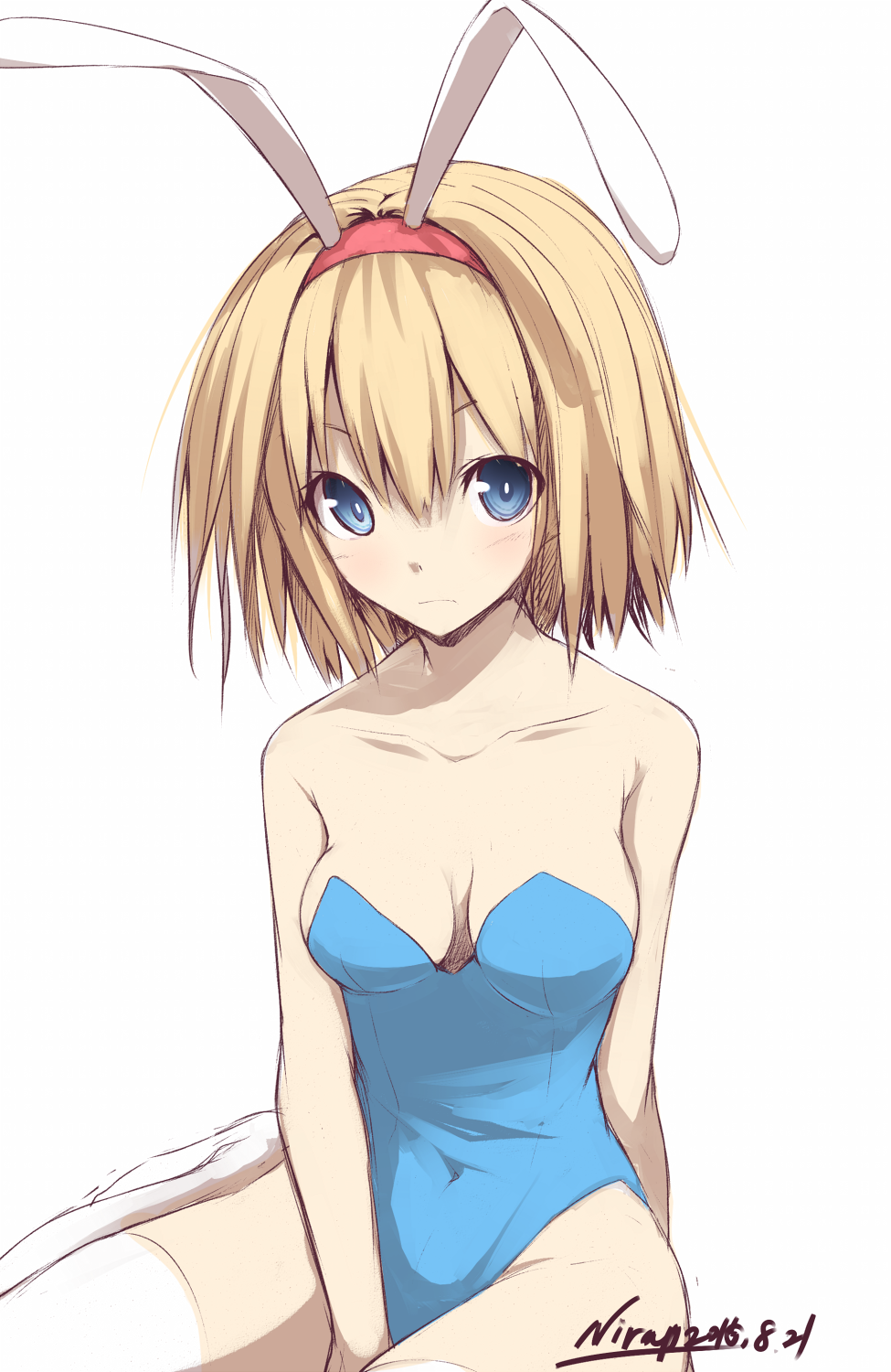 1girl alice_margatroid animal_ears arm_behind_back artist_name bangs bare_arms bare_shoulders between_legs blonde_hair blue_eyes blue_leotard breasts closed_mouth collarbone commentary_request covered_navel dated fake_animal_ears hair_between_eyes hand_between_legs highres leotard looking_at_viewer medium_breasts nirap no_shoes rabbit_ears short_hair simple_background sitting solo thigh-highs touhou white_background white_legwear yokozuwari