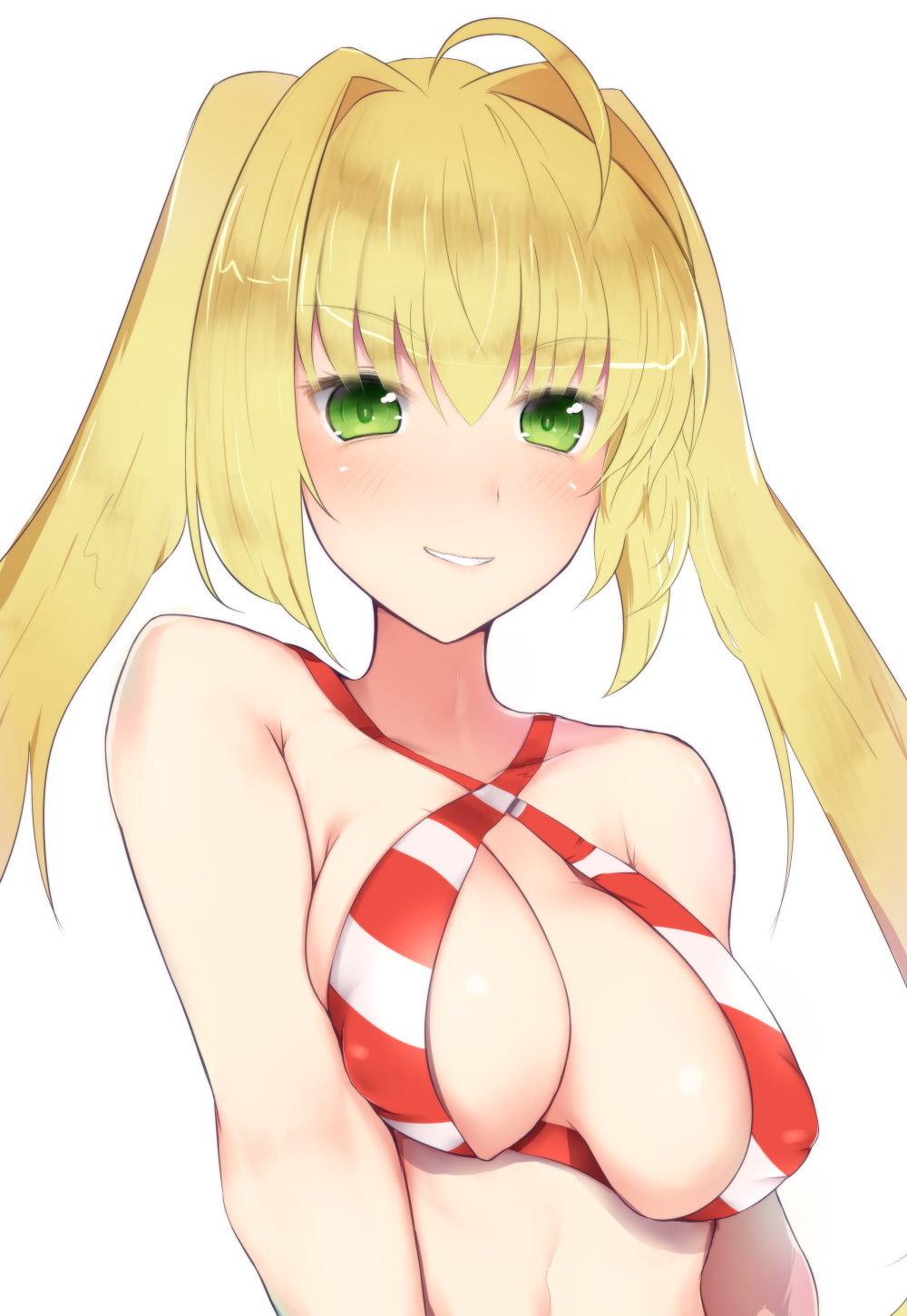 1girl ahoge alternate_hairstyle bangs bikini blonde_hair blush breasts erect_nipples eyebrows_visible_through_hair fate/grand_order fate_(series) green_eyes grin hair_intakes halterneck highres large_breasts long_hair looking_at_viewer mitsuba_(watergarden) nero_claudius_(swimsuit)_(fate) saber_extra simple_background smile solo striped striped_bikini swimsuit twintails upper_body white_background