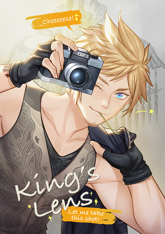 1boy blue_eyes camera facial_hair final_fantasy final_fantasy_xv fingerless_gloves ginmu gloves goatee jacket_over_shoulder looking_at_viewer one_eye_closed prompto_argentum sleeveless smile solo spiky_hair straw_(stalk) upper_body