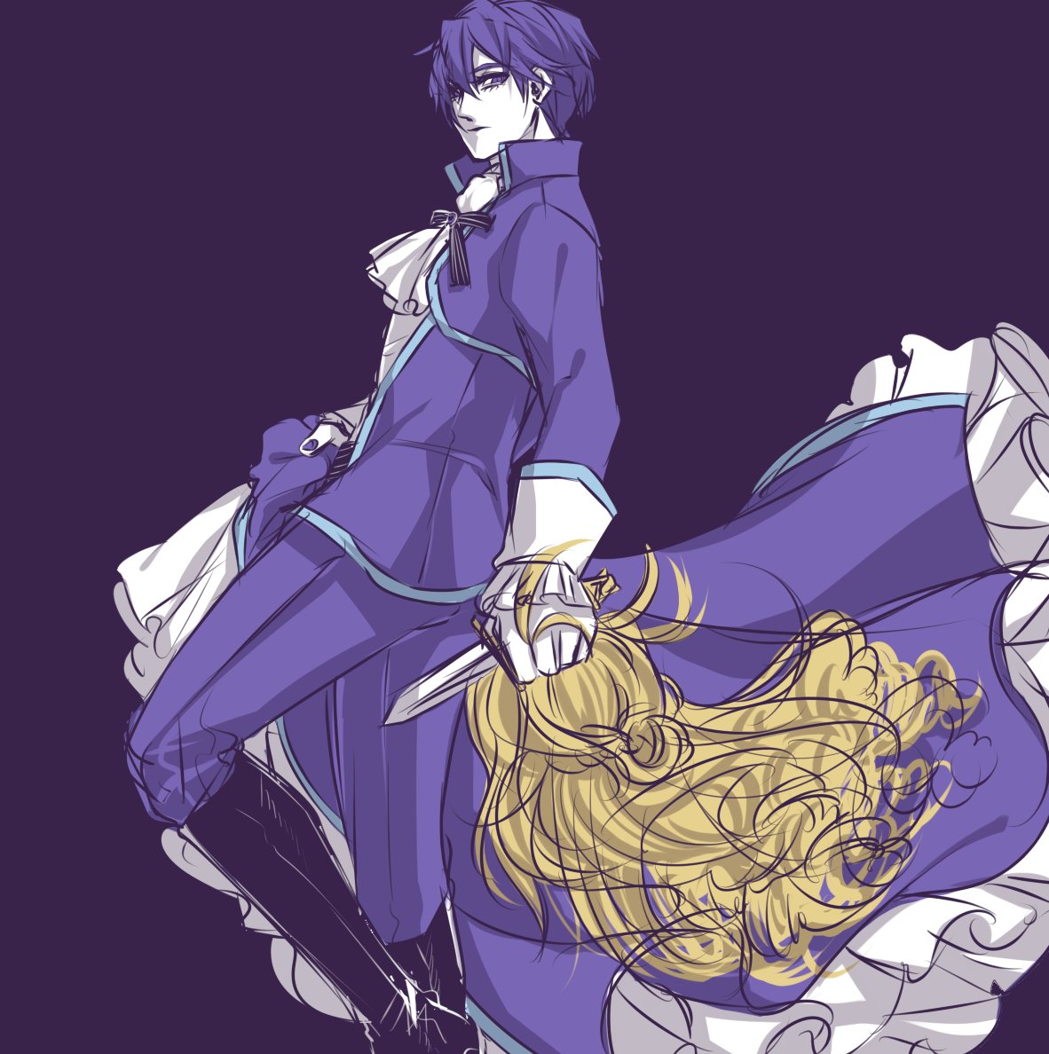 black_boots blue_eyes blue_hair blue_suit boots cravat dress evillious_nendaiki frilled_dress frills high_boots holding_dagger holding_dress kaito karchess_crim limited_palette looking_back nagori_(voyage) ruffled_sleeves sketch venomania_kou_no_kyouki_(vocaloid) vocaloid wig