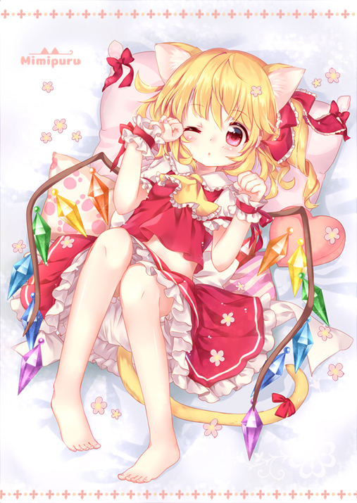 1girl animal_ears ascot blonde_hair cat_ears cat_tail commentary_request flandre_scarlet long_hair looking_at_viewer lying mimi_(mimi_puru) paw_pose pillow red_eyes side_ponytail solo tail touhou wings wrist_cuffs