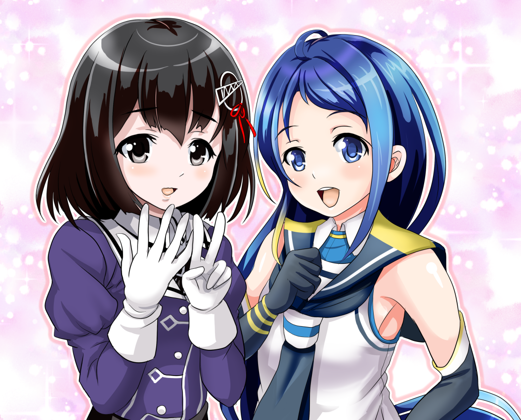 2girls black_hair blue_eyes blue_hair brown_eyes elbow_gloves gloves haguro_(kantai_collection) hair_ornament jacket kantai_collection lips long_hair looking_at_viewer multiple_girls neckerchief open_mouth remodel_(kantai_collection) sailor_collar samidare_(kantai_collection) school_uniform serafuku shirt short_hair sleeveless sleeveless_shirt smile tk8d32 v very_long_hair white_gloves