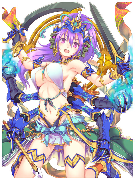 1girl :d armlet armpits bare_shoulders black_gloves blush bracelet breasts cowboy_shot dual_wielding gloves hair_between_eyes headgear high_ponytail highleg highleg_panties hisho_collection holding holding_sword holding_weapon jewelry large_breasts long_hair looking_at_viewer mechanical_arm navel official_art open_mouth orb panties purple_hair revealing_clothes smile solo stomach sword toshi under_boob underwear violet_eyes waist_cape weapon