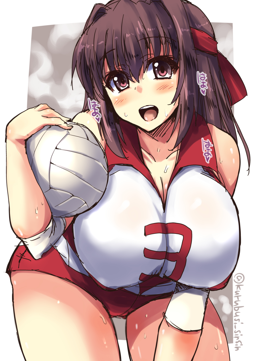 10s 1girl bangs breasts brown_eyes brown_hair cleavage cowboy_shot elbow_pads girls_und_panzer headband holding kondou_taeko large_breasts leaning_forward looking_at_viewer open_mouth red_headband red_shirt red_shorts shinshin shirt short_hair short_shorts shorts sketch sleeveless sleeveless_shirt smile solo sportswear standing sweat twitter_username volleyball volleyball_uniform