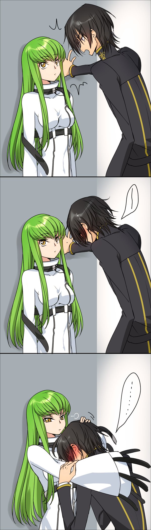 1boy 1girl bangs breasts brown_hair c.c. code_geass couple creayus embarrassed eyebrows_visible_through_hair green_hair hand_on_another's_head head_tilt highres hug lelouch_lamperouge long_hair long_sleeves looking_at_another medium_breasts open_mouth school_uniform short_hair sidelocks standing wall_slam wide_sleeves yellow_eyes