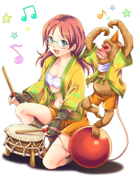 1girl :d ball black_gloves blue_eyes blush breasts cleavage drum drumsticks fingerless_gloves from_side full_body glasses gloves haori hisho_collection instrument japanese_clothes kneeling long_hair long_sleeves looking_at_viewer looking_to_the_side low_twintails monkey musical_note navel official_art open_mouth redhead rimless_glasses sarashi shorts small_breasts smile star toshi twintails wide_sleeves