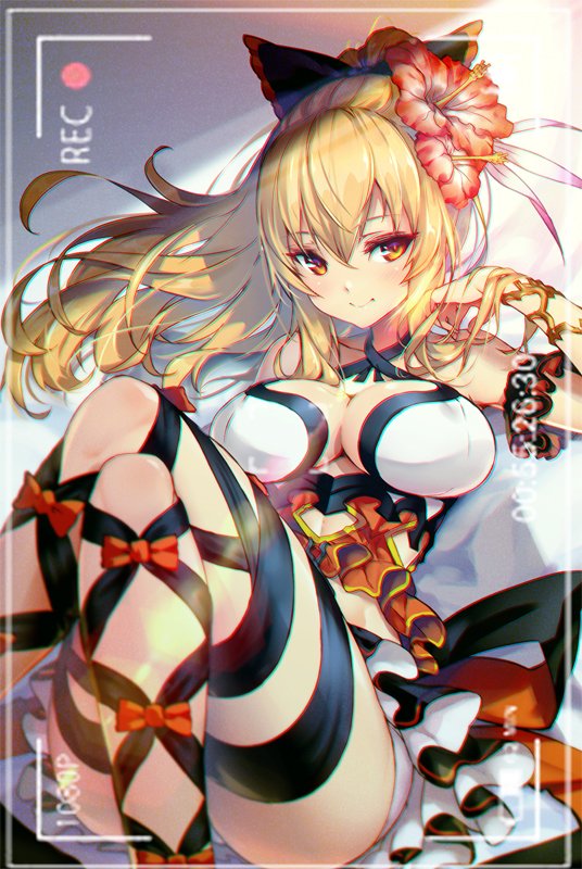 10s 1girl armband bangs bikini black_bow blonde_hair blush bow breasts cleavage commentary_request flower frilled_armband granblue_fantasy hair_bow hair_flower hair_ornament halterneck hand_in_hair hibiscus hong_(white_spider) large_breasts leg_wraps legs legs_crossed lens_flare light_rays long_hair looking_to_the_side ponytail recording red_bow red_skirt sash sidelocks sitting skirt smile solo swimsuit thighs viewfinder vira white_bikini yellow_eyes