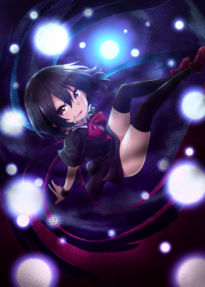 1girl asymmetrical_wings black_dress black_hair black_legwear bow bowtie chipa_(arutana) commentary_request darkness dress full_body hair_between_eyes houjuu_nue looking_at_viewer red_bow red_bowtie red_eyes red_shoes shoes short_dress short_hair short_sleeves smile solo thigh-highs touhou wings