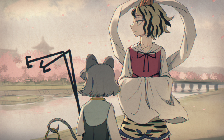 2girls animal_ears blonde_hair cherry_blossoms dowsing_rod grey_hair looking_away meitei mouse_ears mouse_tail multicolored_hair multiple_girls nazrin river short_hair smile tail toramaru_shou touhou wide_sleeves yellow_eyes