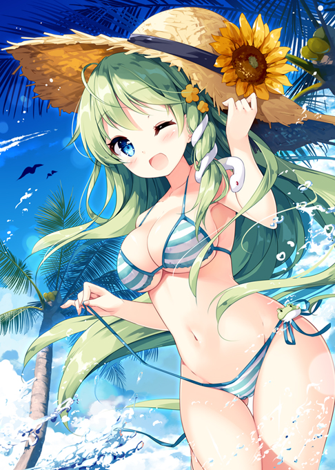 1girl ;d bikini blue_bikini blue_eyes blue_sky breasts cleavage day flower gluteal_fold green_hair hair_ornament hat hat_flower kochiya_sanae long_hair looking_at_viewer medium_breasts miyase_mahiro navel one_eye_closed open_mouth outdoors palm_tree side-tie_bikini sky smile snake_hair_ornament solo stomach straw_hat striped striped_bikini summer sunflower swimsuit thigh_gap touhou tree untied untied_bikini