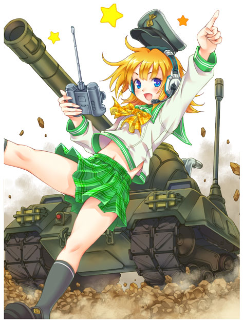 &gt;:d 1girl :d arm_up black_legwear blue_eyes blush bow bowtie controller green_skirt ground_vehicle hat headset hisho_collection index_finger_raised looking_at_viewer military military_vehicle motor_vehicle navel official_art open_mouth orange_hair peaked_cap plaid plaid_bowtie plaid_skirt remote_control school_uniform serafuku short_hair skirt smile socks solo tank toshi yellow_bow yellow_bowtie
