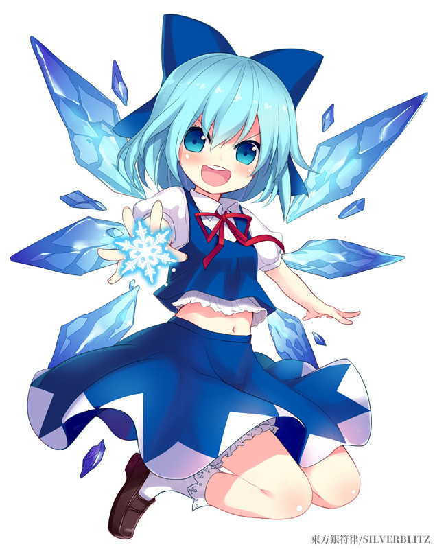 &gt;:d 1girl :d bangs bloomers blouse blue_blouse blue_bow blue_eyes blue_hair blue_skirt blush bow breasts cirno eyebrows_visible_through_hair full_body hair_between_eyes ice ice_wings loafers looking_at_viewer midriff minamura_haruki navel neck_ribbon open_hands open_mouth outstretched_arms puffy_short_sleeves puffy_sleeves red_ribbon ribbon shoes short_hair short_sleeves simple_background skirt small_breasts smile snowflakes socks solo touhou underwear upper_teeth white_background white_legwear wings