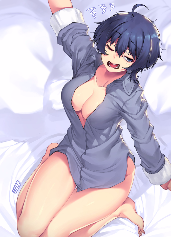 1girl ahoge arm_at_side artist_name bangs bare_legs barefoot bed_sheet black_hair blue_eyes blue_shirt breasts cleavage collarbone collared_shirt dress_shirt eyebrows_visible_through_hair hair_between_eyes half-closed_eyes hand_up jjune long_sleeves medium_breasts messy_hair no_bra on_bed one_eye_closed open_clothes open_mouth open_shirt original pajamas pillow shirt short_hair sitting sitting_on_bed sleepy sleeves_pushed_up solo stretch tearing_up tears teeth thigh_gap tongue waking_up wariza yawning