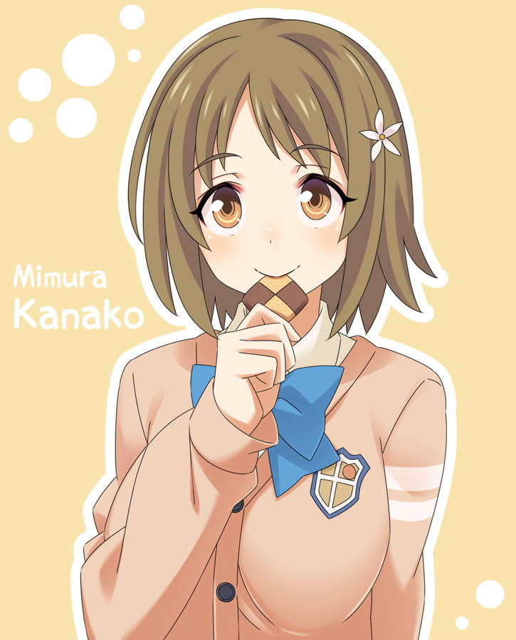 10s bangs blush breasts brown_eyes brown_hair character_name chocolate commentary_request dot_nose eating eyebrows_visible_through_hair flower food hair_flower hair_ornament holding holding_chocolate holding_food idolmaster idolmaster_cinderella_girls large_breasts looking_at_viewer mimura_kanako ra-pen short_hair smile uniform upper_body yellow_background