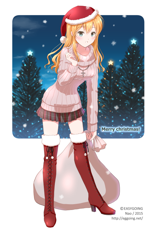 1girl artist_name bag blonde_hair blue_eyes boots christmas_tree cross cross-laced_footwear full_body hat high_heel_boots high_heels jewelry knee_boots leaning_forward merry_christmas miniskirt nao_(nao_eg) necklace original plaid plaid_skirt pleated_skirt ribbed_sweater santa_hat skirt snowing solo star sweater turtleneck turtleneck_sweater watermark web_address