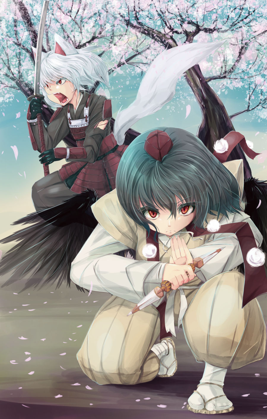 2girls animal_ears aqua_hair armor bird_wings cherry_blossoms colored_eyelashes cuts fangs feathered_wings fighting_stance folded_leg frown gradient gradient_background hat head_tilt highres injury inubashiri_momiji japanese_armor katana kote kubrick_stare kunai kusazuri looking_at_viewer looking_to_the_side multiple_girls ninja open_hand open_mouth outdoors red_eyes samurai serious shameimaru_aya short_hair squatting sword tabi tail tokin_hat torn_clothes torn_sleeves touhou toyono_kitsune tree weapon white_hair wings wolf_ears wolf_tail