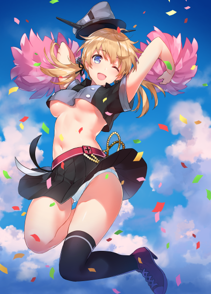 1girl ;d adapted_costume alternate_eye_color anchor_hair_ornament black_legwear black_skirt blonde_hair blue_eyes breasts confetti crop_top cropped_shirt cross-laced_footwear from_below hair_ornament hair_ribbon hat hat_flying_off high_heels jumping kantai_collection kneehighs long_hair medium_breasts one_eye_closed open_mouth pantyshot_(jumping) peaked_cap pom_poms prinz_eugen_(kantai_collection) red_shoes ribbon shoes short_sleeves single_thighhigh skirt sky smile solo thigh-highs tousaki_umiko twintails under_boob