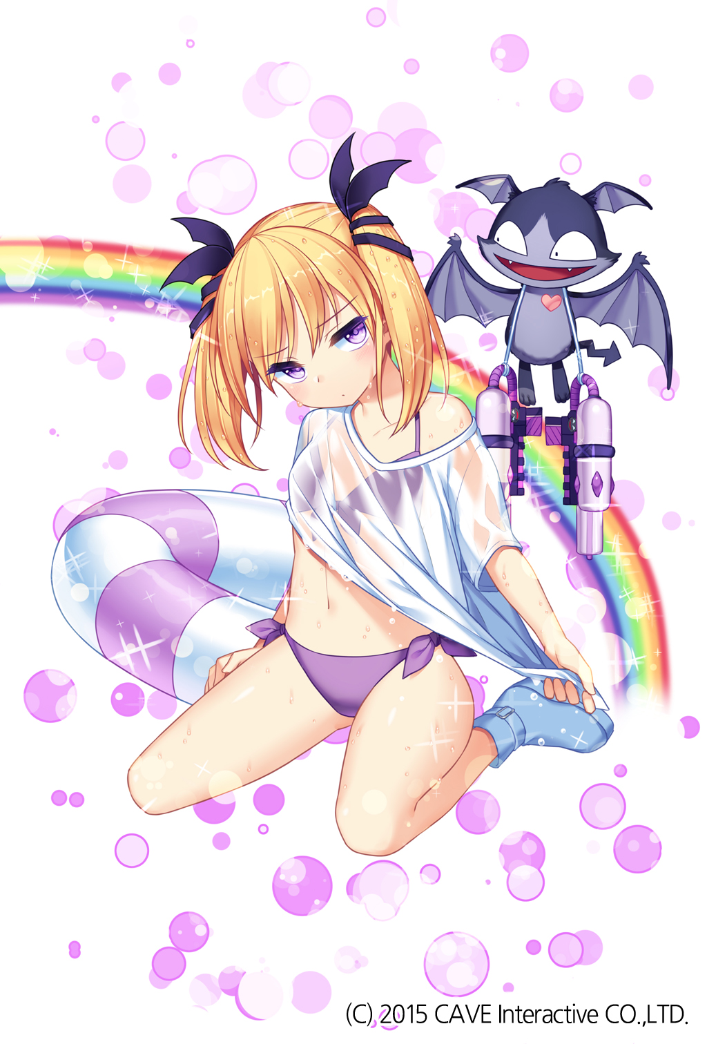 1girl bangs bare_legs bat_wings bikini blonde_hair blue_boots blush boots bow breasts character_request commentary_request creature deathsmiles eyebrows_visible_through_hair gothic_wa_mahou_otome hair_bow highres jenevan looking_at_another off_shoulder pout purple_bikini rainbow see-through shirt shirt_pull sitting small_breasts swimsuit twintails violet_eyes water_gun watermark wet wet_clothes wet_shirt white_background wings