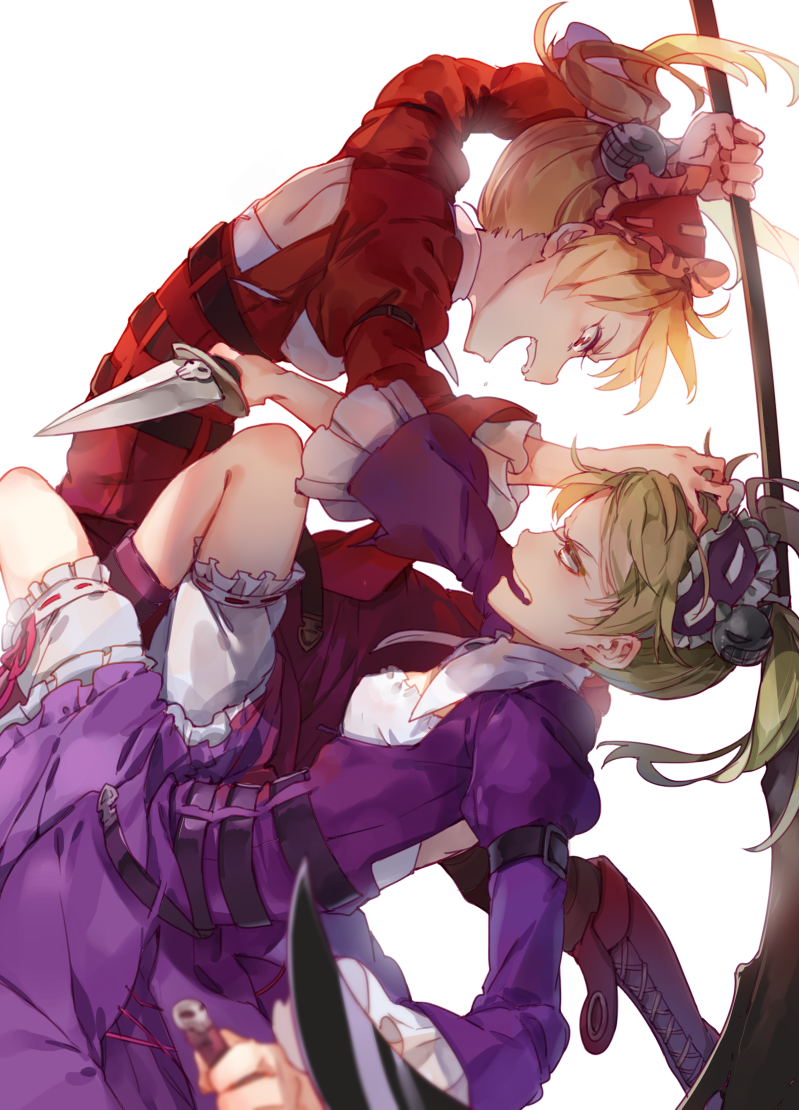 &gt;:d 2girls :d backlighting blonde_hair bloomers blurry breasts brown_eyes dagger depth_of_field donita dress frills from_side green_eyes green_hair headdress holding holding_weapon juliet_sleeves long_sleeves looking_at_another multiple_girls open_mouth puffy_sleeves purple_dress red_dress scythe sheri shuzi small_breasts smile teeth twintails underwear unlight weapon