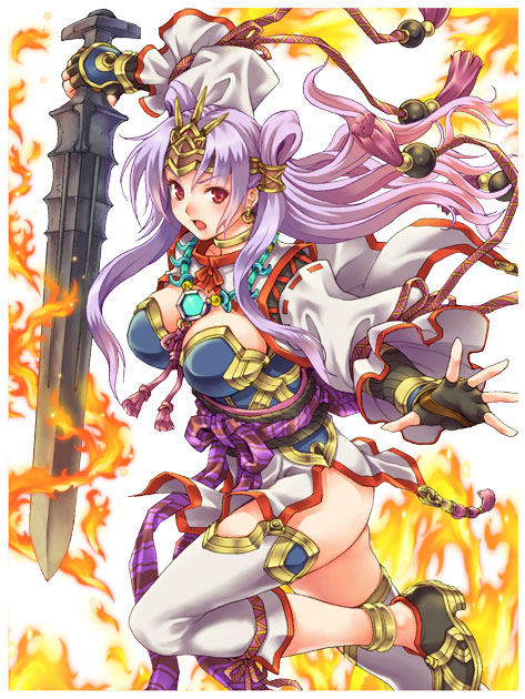 &gt;:o 1girl :o black_gloves blush breasts earrings fingerless_gloves fire forehead_protector from_side gloves headband hisho_collection holding holding_sword holding_weapon japanese_clothes jewelry large_breasts long_hair long_sleeves looking_at_viewer looking_to_the_side obi official_art open_mouth purple_hair red_eyes sash solo sword thigh-highs toshi weapon white_legwear wide_sleeves