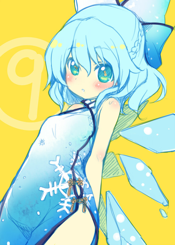 (9) 1girl alternate_costume bare_arms bare_shoulders blue_dress blue_eyes blue_hair blush braid china_dress chinese_clothes cirno colored dress dutch_angle flat_color hair_ribbon ice ice_wings looking_at_viewer minamura_haruki parted_lips ribbon short_hair simple_background sketch snowflake_print solo touhou wings yellow_background