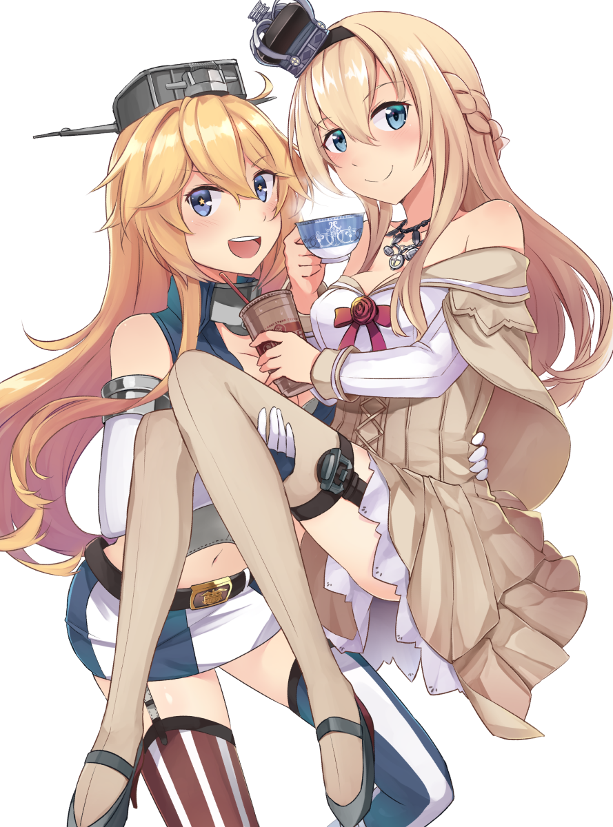 2girls ahoge bare_shoulders belt_buckle black_belt black_headband black_shoes blonde_hair blue_eyes blush braid breasts brown_dress brown_legwear buckle carrying cleavage closed_mouth cold_stone_creamery collar collarbone commentary crown cup dress drink drinking_straw elbow_gloves eyebrows_visible_through_hair french_braid full_body garter_straps gloves hair_between_eyes hair_ornament hat headband highres ido_(teketeke) iowa_(kantai_collection) jewelry kantai_collection large_breasts long_hair long_sleeves looking_at_viewer medium_breasts midriff mini_crown mismatched_legwear multiple_girls navel necklace open_mouth princess_carry shoes simple_background skirt star star-shaped_pupils striped striped_legwear symbol-shaped_pupils tea teacup thigh-highs upper_body warspite_(kantai_collection) white_background white_dress white_gloves