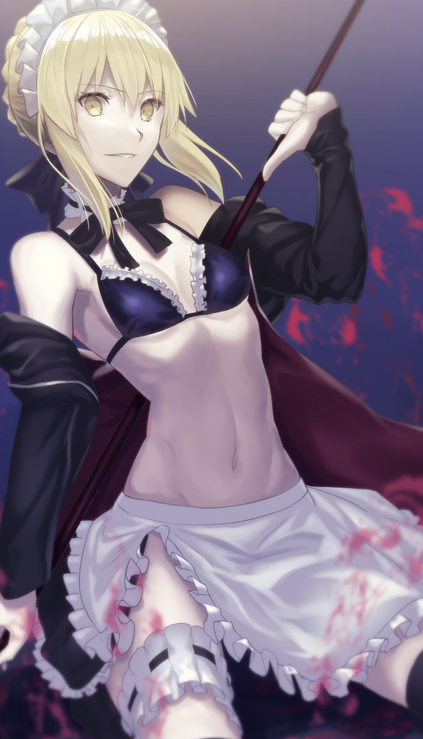 1girl apron artoria_pendragon_(all) bangs bikini blonde_hair braid breasts fate/grand_order fate_(series) french_braid frilled_apron frills hand_up highres holding hood hoodie jacket leg_garter lip-mil maid_bikini maid_headdress navel open_clothes open_hoodie open_jacket parted_lips saber_alter sidelocks small_breasts smile solo swimsuit waist_apron yellow_eyes