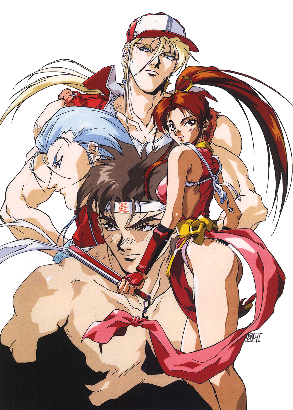 1girl 3boys 90s andy_bogard ass blonde_hair blue_eyes brown_hair fan fatal_fury headband high_ponytail highres holding holding_fan jacket joe_higashi light_blue_hair long_hair looking_at_viewer multiple_boys muscle official_art oobari_masami open_clothes open_jacket pelvic_curtain profile redhead shiranui_mai sidelocks simple_background sleeveless_jacket smile terry_bogard white_background