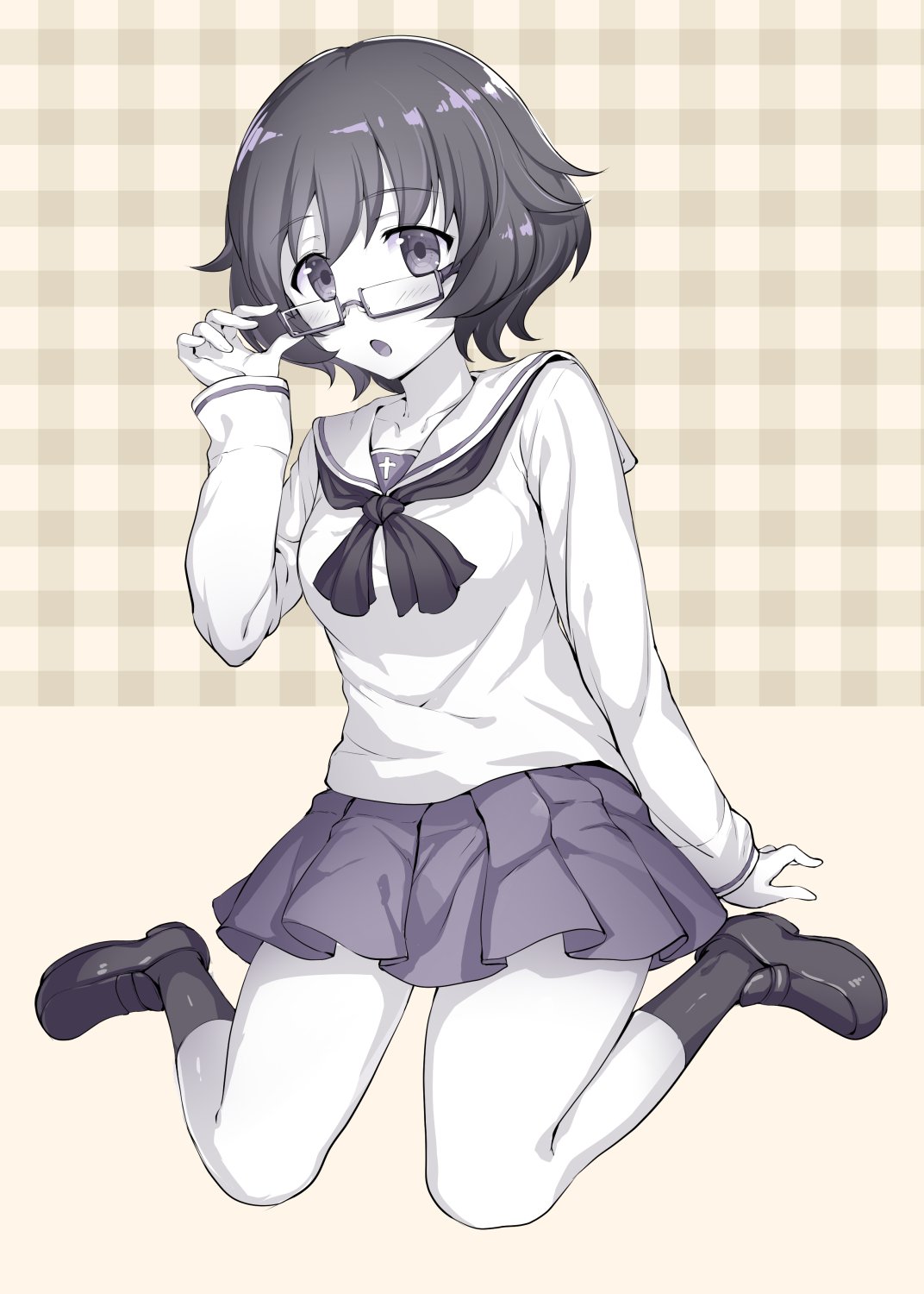 10s 1girl adjusting_glasses akiyama_yukari arm_support bangs bespectacled black_legwear blouse blush checkered checkered_background commentary full_body girls_und_panzer glasses highres ikomochi loafers long_sleeves looking_at_viewer messy_hair miniskirt monochrome multiple_monochrome neckerchief ooarai_school_uniform open_mouth pleated_skirt rectangular_glasses school_uniform semi-rimless_glasses serafuku shoes short_hair sitting skirt socks solo under-rim_glasses wariza