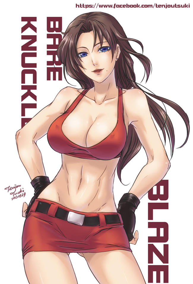 1girl bare_knuckle bare_shoulders belt black_gloves blaze_fielding blue_eyes breasts brown_hair cleavage collarbone cowboy_shot ear_piercing erect_nipples fingerless_gloves gloves large_breasts long_hair looking_at_viewer miniskirt mole mole_under_mouth navel parted_lips piercing red_skirt sega skirt smile solo sports_bra stomach tenjou_tsuki