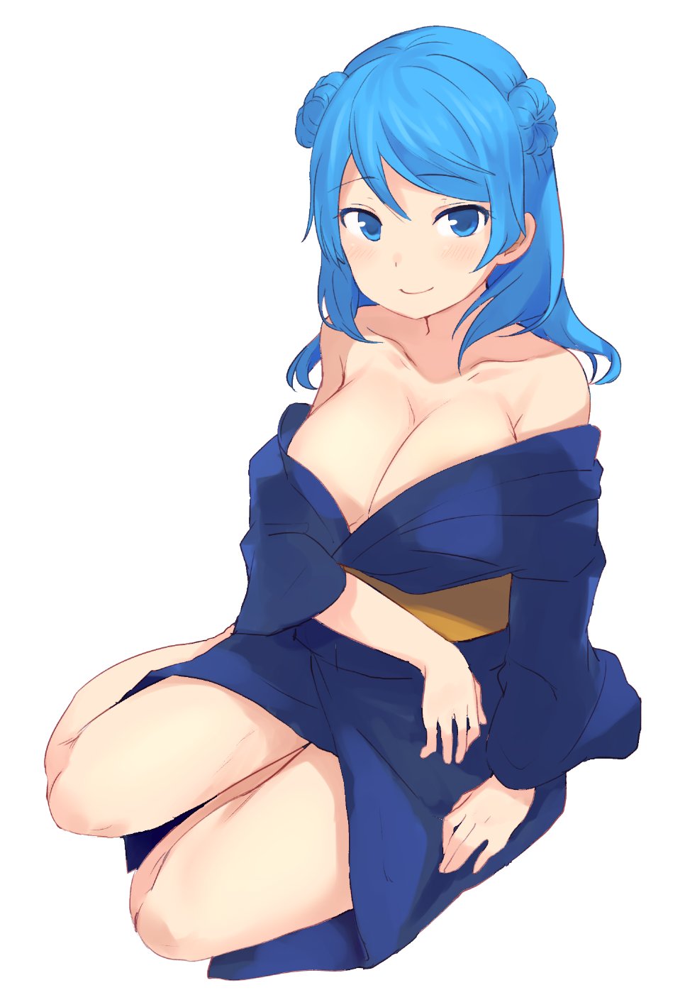 1girl architecture bare_shoulders blue_eyes blue_hair blue_kimono blush breasts cleavage closed_mouth collarbone double_bun eyebrows_visible_through_hair highres japanese_clothes kantai_collection kimono kneeling large_breasts long_hair long_sleeves looking_at_viewer obi off_shoulder sash senbei_(senbe_i) simple_background smile solo urakaze_(kantai_collection) white_background wide_sleeves