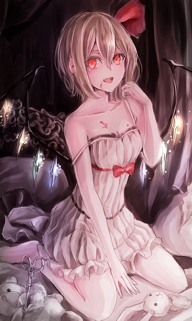 1girl :d alternate_costume bare_shoulders blonde_hair blood blood_on_face breasts chemise cleavage collarbone commentary_request crystal dress fang flandre_scarlet hair_between_eyes hair_ribbon hat hat_removed headwear_removed jan_(lightdragoon) looking_at_viewer mob_cap nightgown on_bed open_mouth red_eyes red_ribbon revision ribbon scissors sitting small_breasts smile solo strap_slip stuffed_animal stuffed_toy teddy_bear touhou white_dress wings