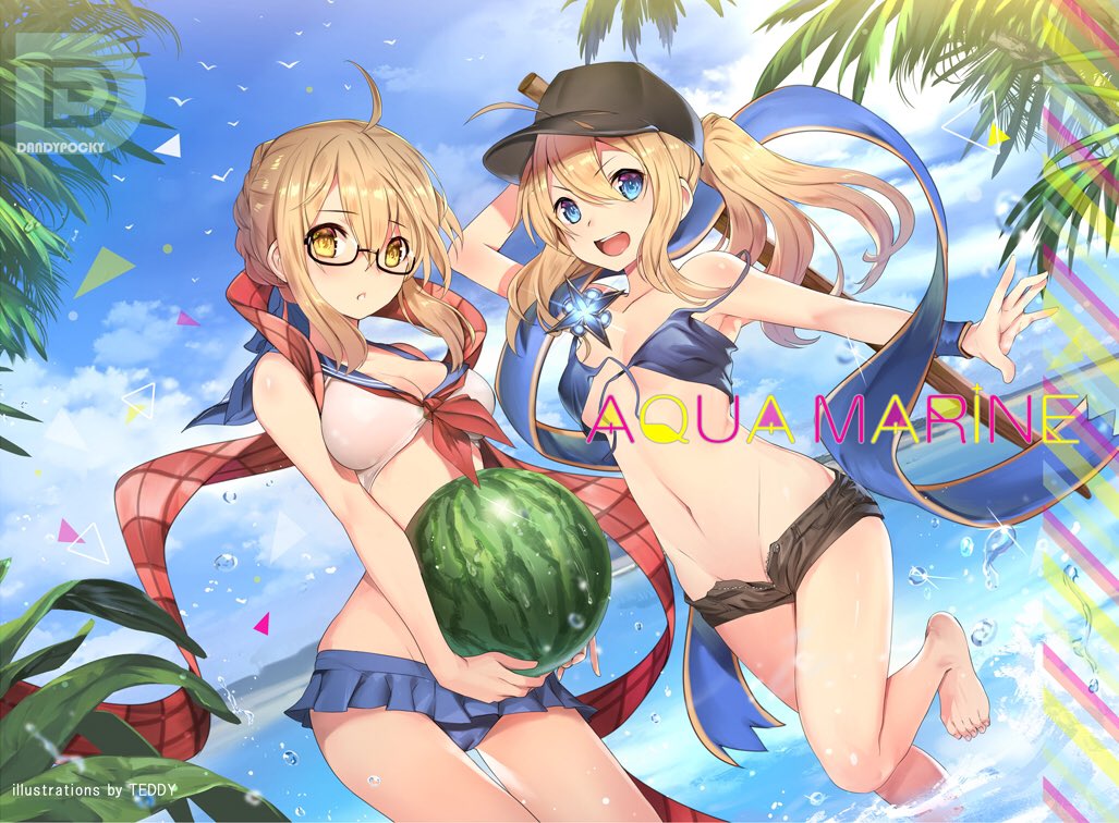 &gt;:d 2girls :d ahoge arm_up artoria_pendragon_(all) bare_legs barefoot baseball_cap bikini bikini_skirt bikini_top bird black-framed_eyewear blonde_hair blue_bikini_top blue_eyes blue_scarf blue_sky breasts cleavage clouds cloudy_sky day dutch_angle fate/grand_order fate_(series) food fruit glasses hair_between_eyes hat heroine_x heroine_x_(alter) khanshin leg_up long_hair medium_breasts midriff multiple_girls navel open_fly open_mouth outdoors parted_lips plaid plaid_scarf pleated_skirt ponytail red_scarf sailor_bikini sailor_collar scarf semi-rimless_glasses short_hair skirt sky small_breasts smile sparkle standing standing_on_one_leg strap_slip swimsuit sword under-rim_glasses untied untied_bikini wading wardrobe_malfunction water_drop watermelon weapon wooden_sword wristband yellow_eyes