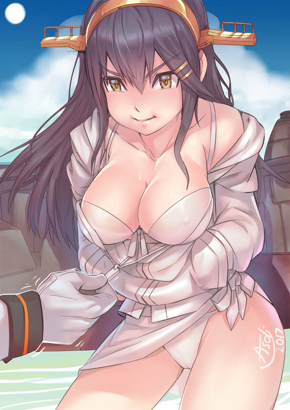 &gt;:t 1girl :t admiral_(kantai_collection) alternate_costume asdj black_hair blush breasts cleavage closed_mouth collarbone cowboy_shot gloves hair_between_eyes hairband hands_in_pockets haruna_(kantai_collection) headgear highres hood hoodie kantai_collection large_breasts long_hair looking_at_viewer off_shoulder panties sidelocks solo_focus turret undersized_clothes underwear white_gloves white_panties yellow_eyes zipper zipper_pull_tab