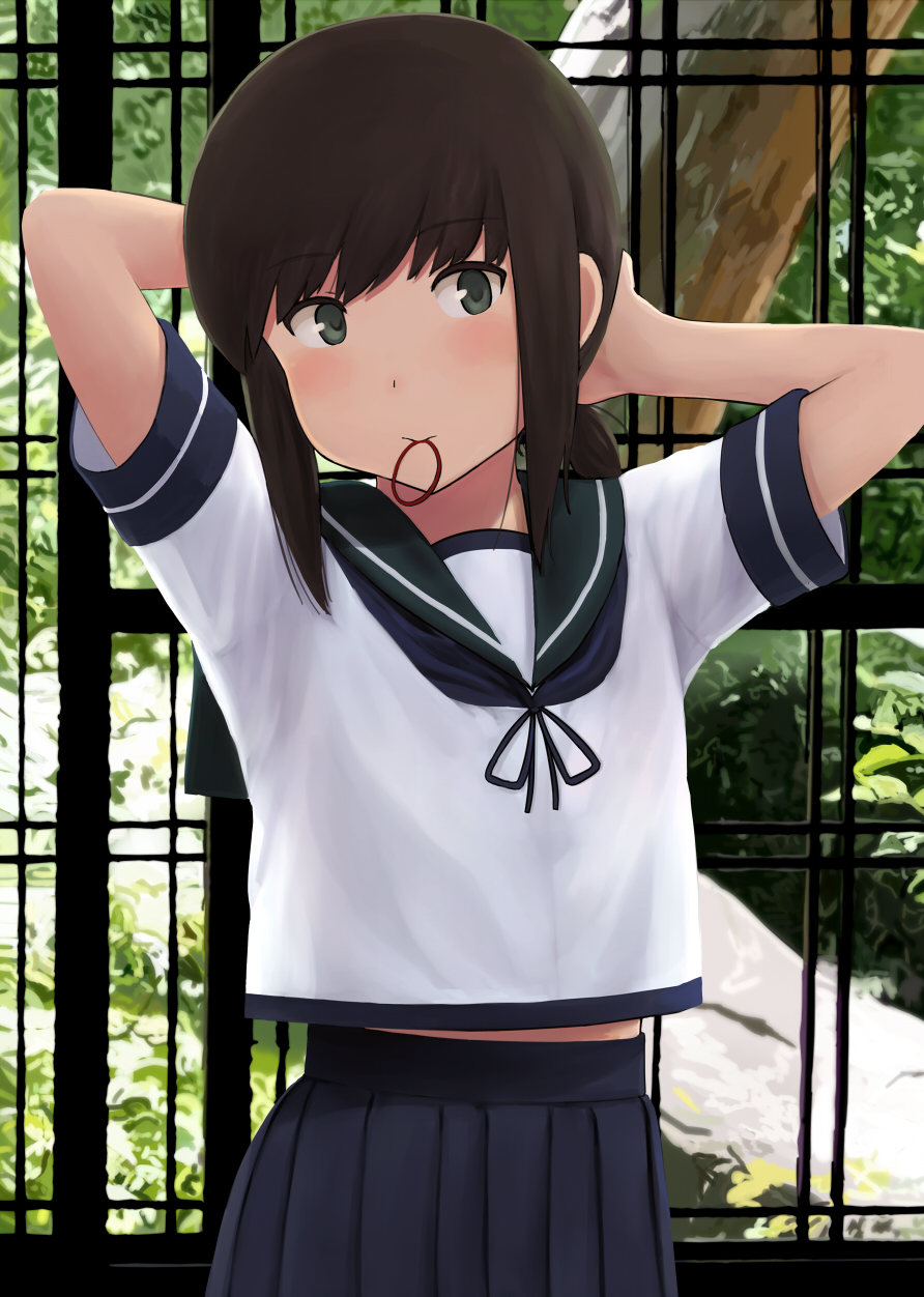 1girl arms_behind_head bangs belly_peek black_skirt blouse brown_hair commentary_request fubuki_(kantai_collection) fuyube_gin_(huyube) green_eyes hair_tie highres kantai_collection mouth_hold neck_ribbon pleated_skirt ribbon sailor_collar school_uniform serafuku short_sleeves sidelocks skirt solo tying_hair upper_body white_blouse