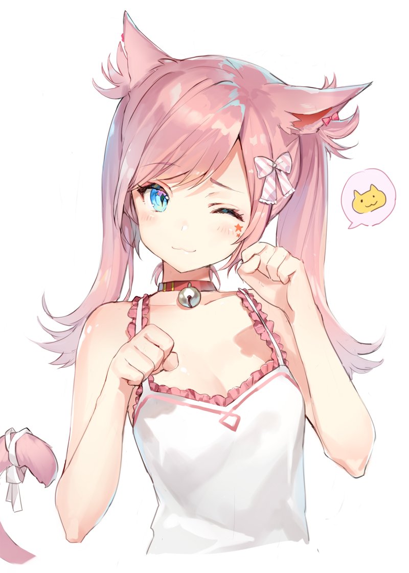1girl :3 animal_ears bangs bell bell_collar blue_eyes breasts camisole cleavage closed_mouth collar eyebrows_visible_through_hair final_fantasy final_fantasy_xiv frill_trim head_tilt jingle_bell miqo'te momoko_(momopoco) paw_pose pink_hair ribbon simple_background slit_pupils small_breasts solo speech_bubble swept_bangs tail tail_ribbon twintails upper_body white_background