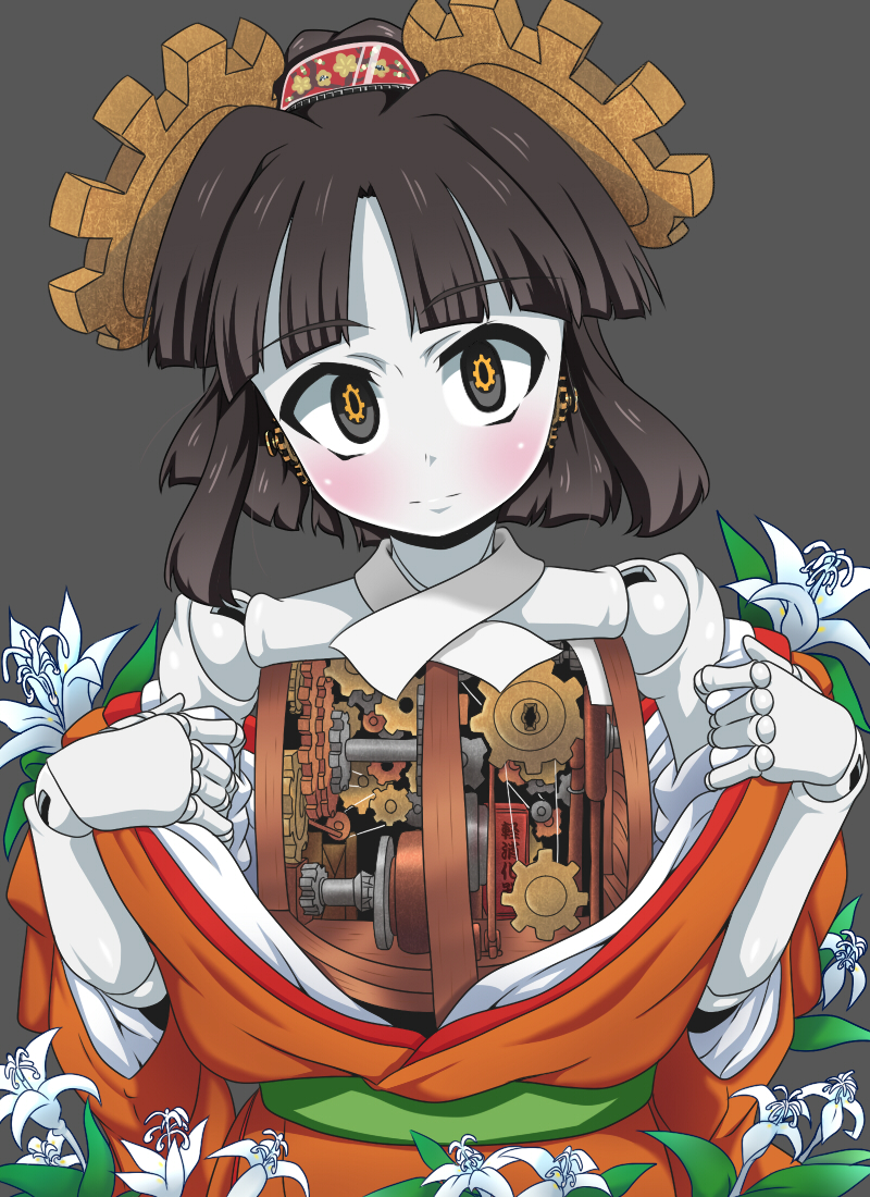 1girl android bangs black_eyes black_hair blush comb doll_joints flower gears hair_ornament headgear japanese_clothes kani_club kanzashi karakuri_puppet kimono looking_at_viewer open_clothes open_kimono original parts_exposed short_hair solo symbol-shaped_pupils upper_body