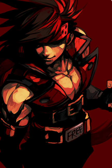 1boy abs belt black_gloves brown_hair closed_mouth fingerless_gloves gloves guilty_gear hankuri headband male_focus muscle red_background shaded_face simple_background sleeveless sol_badguy solo upper_body