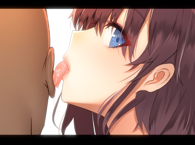 10s 1boy 1girl amrita_(amber78gou) bald bangs blue_eyes brown_hair close-up ear_licking ears eyebrows_visible_through_hair eyelashes eyes face from_side hair_between_eyes ichinose_shiki idolmaster idolmaster_cinderella_girls letterboxed licking lips long_hair looking_at_viewer makeup mascara pink_lips profile saliva simple_background solo tongue tongue_out white_background