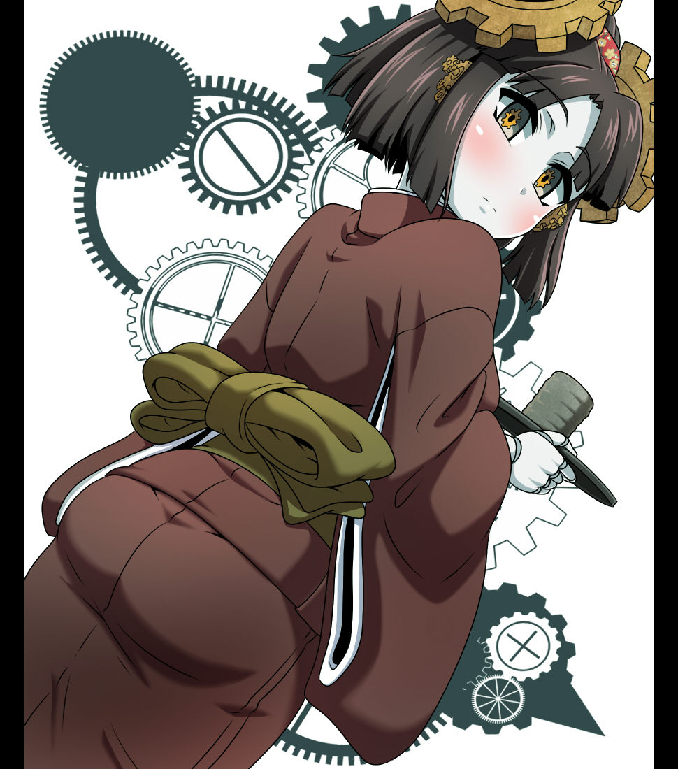 1girl android ass black_eyes black_hair blush closed_mouth doll doll_joints dutch_angle gears headgear japanese_clothes kani_club kimono looking_at_viewer looking_back obi original sash short_hair solo symbol-shaped_pupils