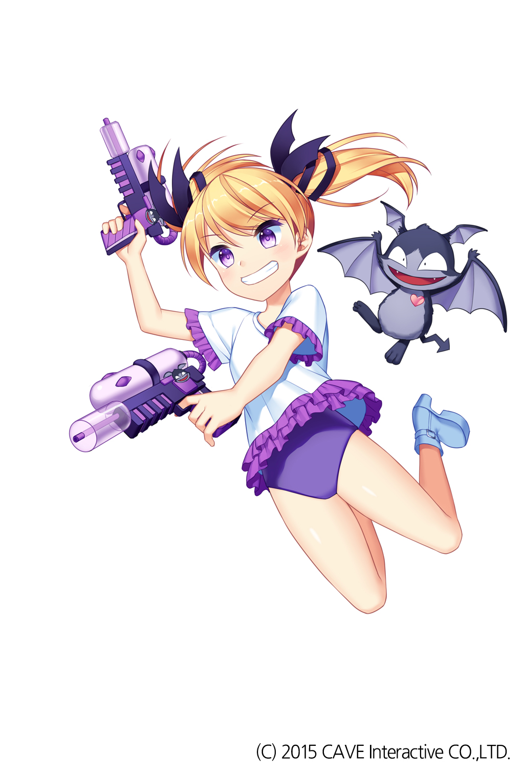 &gt;:d 1girl :d bare_arms bare_legs bat bat_wings blonde_hair boots character_request clenched_teeth commentary_request creature deathsmiles dot_nose dress dual_wielding eyebrows_visible_through_hair falling gothic_wa_mahou_otome gun head_wings heart highres holding holding_gun holding_weapon jenevan looking_away open_mouth short_sleeves simple_background smile swimsuit swimsuit_under_clothes teeth twintails violet_eyes water water_gun watermark weapon wet white_background white_dress wings