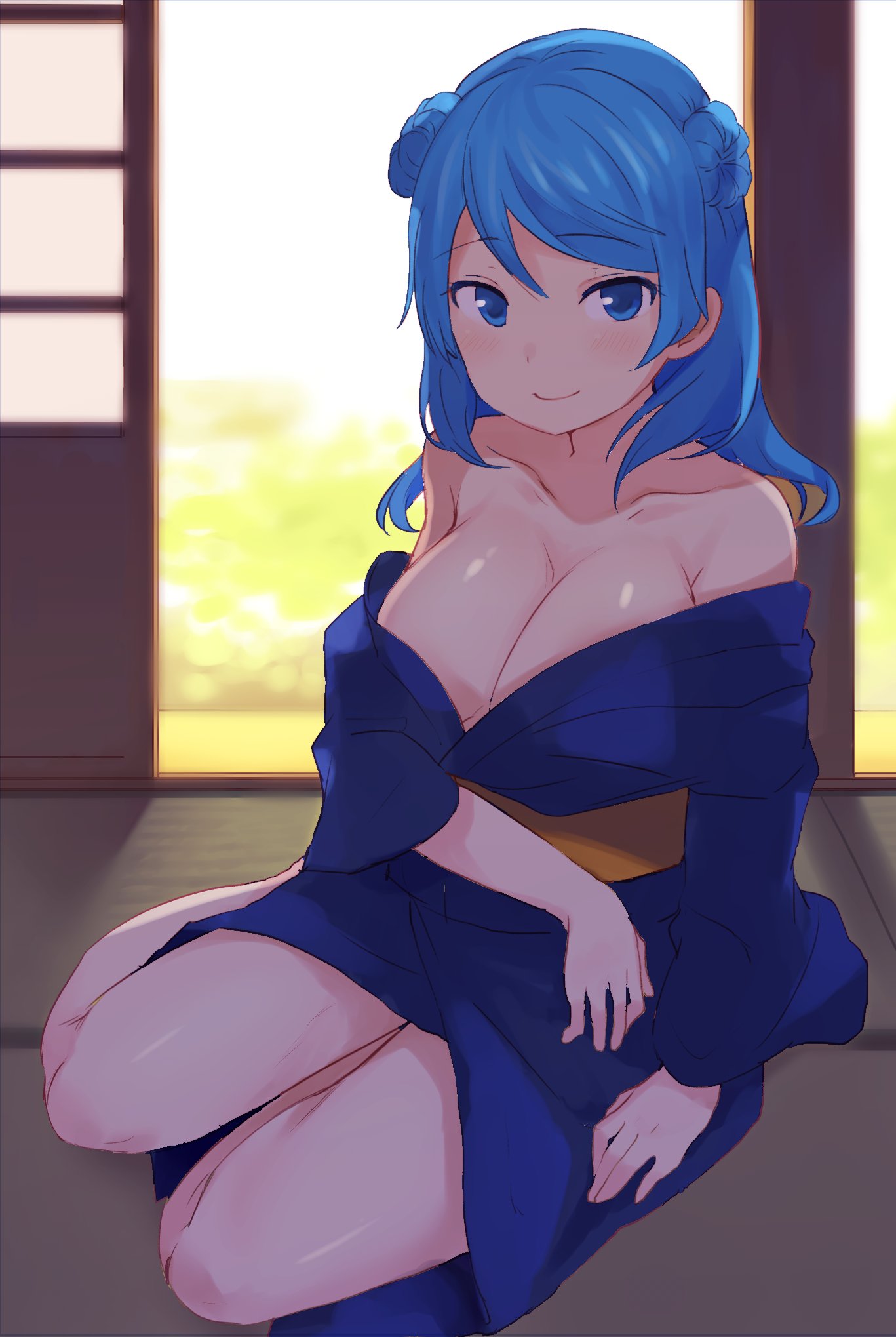 1girl architecture bare_shoulders blue_eyes blue_hair blue_kimono blush breasts cleavage closed_mouth collarbone doorway double_bun east_asian_architecture eyebrows_visible_through_hair highres indoors japanese_clothes kantai_collection kimono kneeling large_breasts long_hair long_sleeves looking_at_viewer obi off_shoulder sash senbei_(senbe_i) smile solo urakaze_(kantai_collection) wide_sleeves wooden_floor