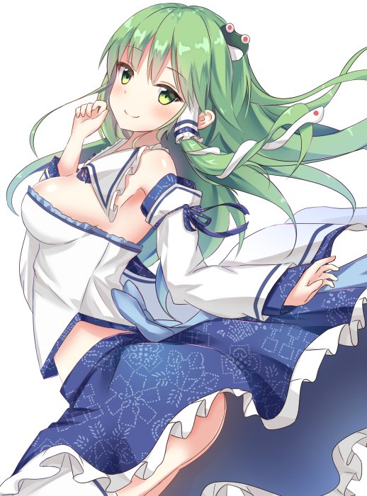 1girl ass bare_shoulders blue_skirt breasts closed_mouth detached_sleeves frog_hair_ornament green_eyes green_hair hair_ornament hair_tubes kochiya_sanae large_breasts long_hair looking_at_viewer midriff non_(nobu) sideboob simple_background skirt smile snake_hair_ornament solo thigh-highs touhou white_background white_legwear