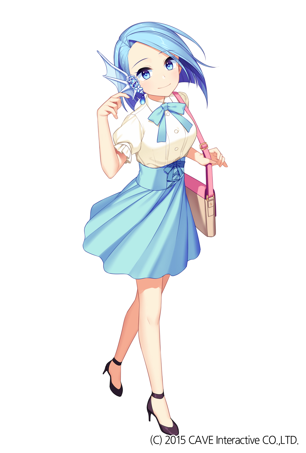 1girl bag blue_eyes blue_hair blue_ribbon blue_skirt character_request closed_mouth commentary_request ear_ornament eyebrows_visible_through_hair full_body gothic_wa_mahou_otome high_heels highres jenevan looking_at_viewer official_art puffy_sleeves ribbon shirt short_hair short_sleeves shoulder_bag simple_background skirt smile solo watermark white_background white_shirt