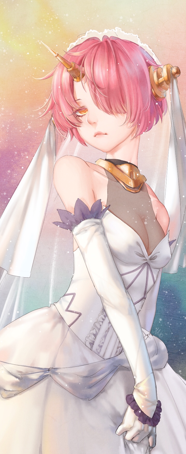 1girl bare_shoulders berserker_of_black breasts cleavage dress elbow_gloves fate/apocrypha fate_(series) gloves hair_over_one_eye hanayaka headgear highres horn jewelry lips looking_at_viewer medium_breasts necklace orange_eyes pink_hair see-through short_hair solo veil white_dress white_gloves