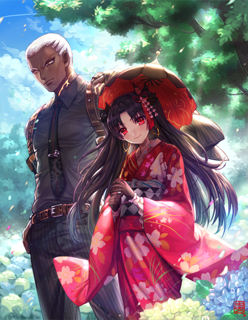 1boy 1girl alternate_costume bangs belt black_hair black_necktie black_ribbon box_(hotpppink) brown_gloves closed_mouth clouds collared_shirt dark_skin dark_skinned_male day earrings emiya_alter fate/grand_order fate_(series) floral_print flower gloves grey_shirt hair_ribbon head_tilt highres holding holding_umbrella hoop_earrings ishtar_(fate/grand_order) japanese_clothes jewelry kimono long_hair long_sleeves looking_at_viewer looking_down neck necktie obi oriental_umbrella outdoors pants parted_bangs petals pinstripe_pattern red_clothes red_eyes red_kimono ribbon sash serious shirt short_hair sky smile standing striped striped_pants sunlight tohsaka_rin tree two_side_up type-moon umbrella white_hair wide_sleeves