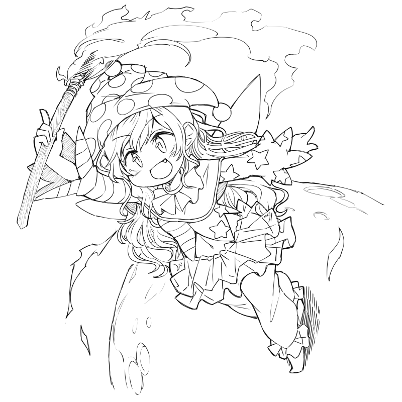 1girl adapted_costume arm_up clownpiece commentary_request fairy_wings fang fire full_body hat holding ini_(inunabe00) jester_cap lineart long_sleeves miniskirt open_mouth polka_dot simple_background skirt smile solo star star_print striped torch touhou white_background wings