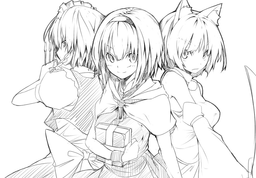 3girls alice_margatroid animal_ears ascot bangs blush book breasts capelet closed_mouth commentary_request cowboy_shot detached_sleeves eyebrows_visible_through_hair greyscale hair_between_eyes hairband holding holding_book holding_knife holding_sword holding_weapon inubashiri_momiji izayoi_sakuya knife long_sleeves looking_at_viewer maid_headdress medium_breasts monochrome multiple_girls nirap no_hat no_headwear pom_pom_(clothes) profile puffy_short_sleeves puffy_sleeves short_hair short_sleeves simple_background sword touhou weapon white_background wolf_ears
