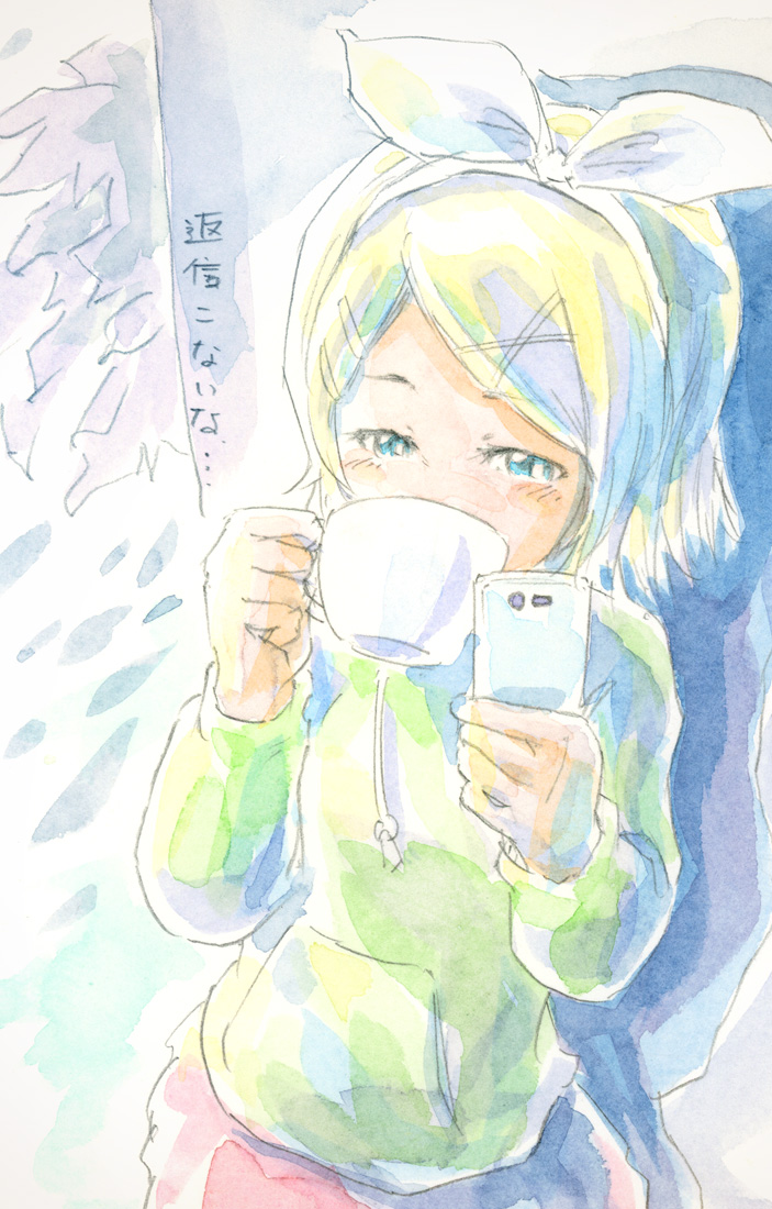 1girl blonde_hair blue_eyes bow cellphone cup drinking epoxy_putty green_hoodie hair_bow hair_ornament hairclip half-closed_eyes kagamine_rin melancholic_(vocaloid) phone pink_skirt short_hair skirt solo teacup traditional_media vocaloid wall watercolor_(medium)